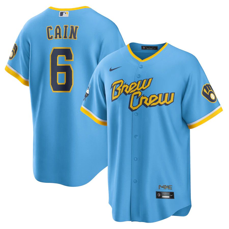 Custom Men Milwaukee Brewers #6 Lorenzo Cain Nike Powder Blue 2022 City Connect Replica Player MLB Jersey->miami dolphins->NFL Jersey